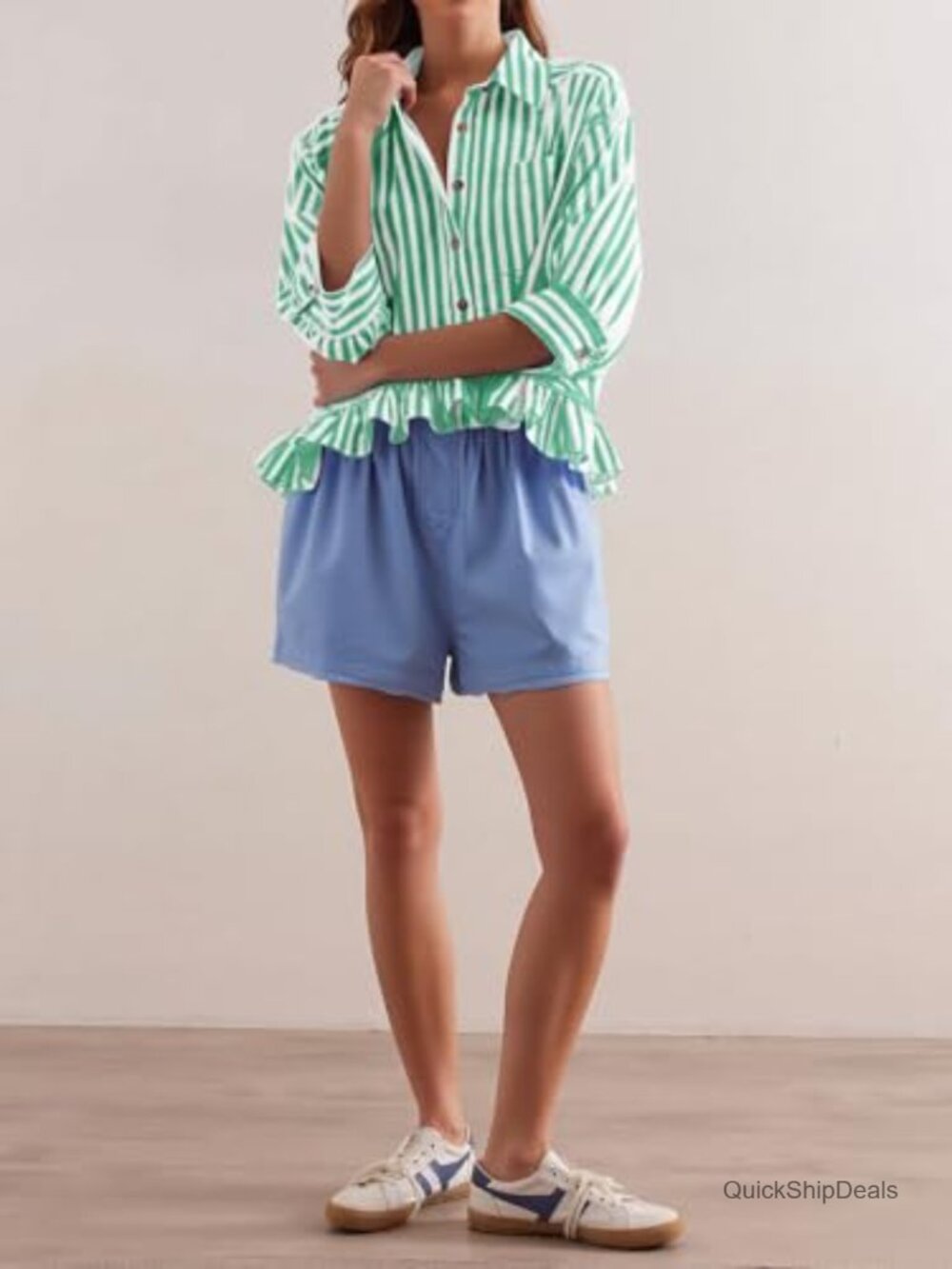Cropped Striped Button Down Shirt Ruffle 3/4 Sleeve Blouse - Picture 4 of 7